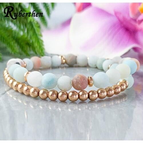Ruberthen Amazonite and Hematite Wrap Bracelet Dainty Bohemian Gem stone Bracelet Natural Anxiety Relief Stacking Bracelets
