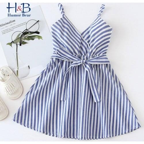 Humor Bear Girls Dress 2021 Summer New Sleeveless V-neck Stripe Printed With Belt Princess Dress Toddler Clothes