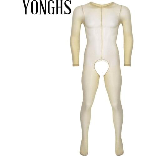 Mens Lingerie Sex Tights Full Body Stocking See Through Sheer Round Neck Long Sleeves Crotchless Footed Stretchy Body Pantyhose
