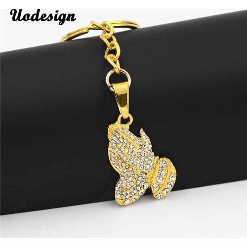 Uodesign Men Gold Tone Bling Praying Prayer Hand Buddha Pendant Lucky Keychain Alloy Hip Hop Jewelry Keychain Keyring