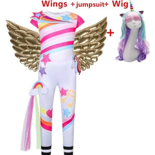 Girls Unicorn anime Cosplay Costume Kids Rainbow Jumpsuits wing Birthday Party Clothes Children Halloween Carnival wig for Girl