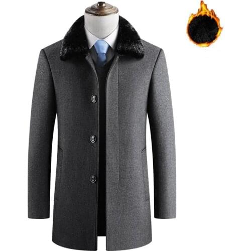 2019 Autumn Winter Men Casual Fur Collar Trench Coat Business Wool Coats Slim Fit Windproof Jackets Thick Warm Overcoat-C