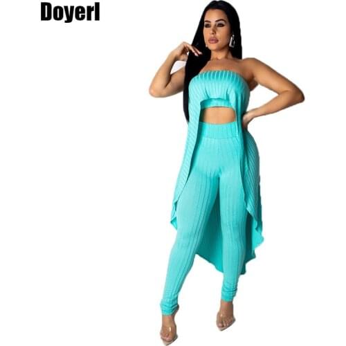 Ribbed Sexy Two Piece Set Summer Knitted 2 Piece Set Women Strapless Long Tops and Elastic Waist Pants Set Party Club Outfits