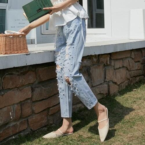 Distressed Casual Streetwear Pants Women Ankle Length Jeans Washed Denim Pant Beading Ripped Holes Mid Waist Pockets Zipper