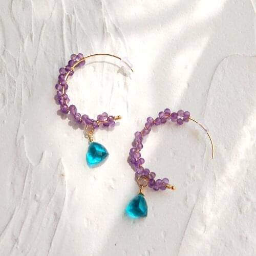Lii Ji Natural Amethyst Blue Quartz 14K Gold Filled Hoop Earrings Handmade Jewelry For Women Gift