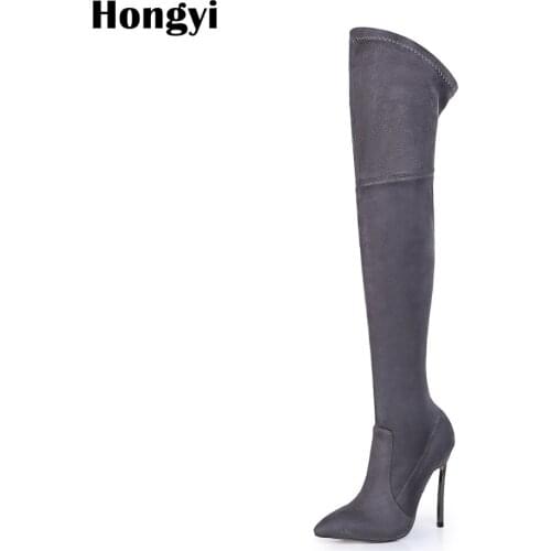 Hongyi 2019 Autumn Spring Women Boots Stretch Slim Thigh High Boots Fashion Over the Knee Boots High Heels Shoes Woman Sapatos