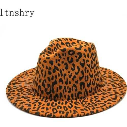 Autumn winter Fashion Leopard Printing Jazz Men Women Unisex Vintage Trilby Cap Fedora Hats Flat Top Leisure Big Brim Felt