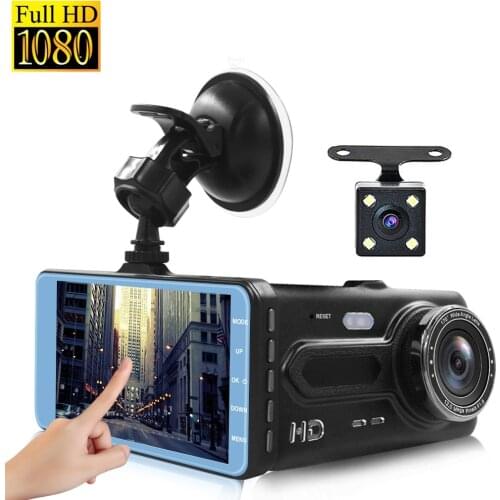Car DVR Video Recorder 4-Inch Touch Screen Dual Lens Dash Camera FHD 1080P Night Vision Cam + Rear View Reverse Parking Dashcam