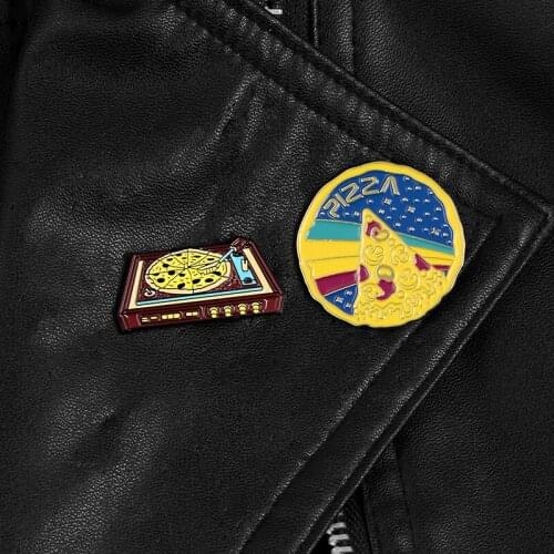 Vintage Pizza record player pins Round yellow pizza enamel pins brooches badges Lapel hat Jackets bag Jewelry gift for collector