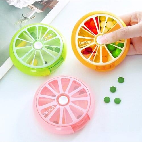 Rotating Mini Pill Medicine Storage Box Lemon Portable Small Medicine Box Travel Pill Box Seven Grid Storage Containers
