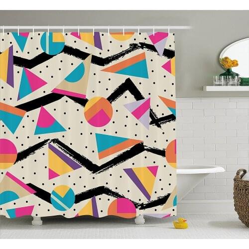 Indie Shower Curtains Eighties Memphis Fashion Style Geometric Abstract Colorful Design with Dots Funky Bathroom Curtain Mat