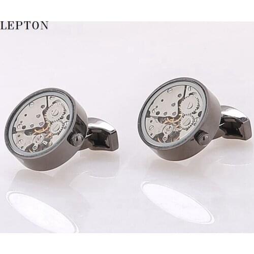 Hot Watch Movement Cufflinks Of Immovable Glass-Fronted Lepton Steampunk Gear Watch Mechanism Cufflink for Mens Drop Shipping