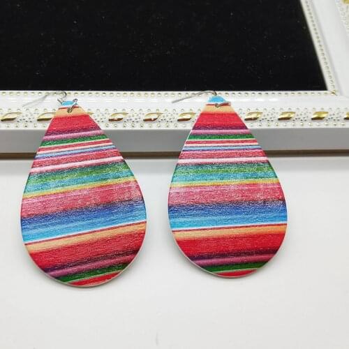 Rainbow Stripe Cactus Print Natural Wood Teardrop Earrings for Women