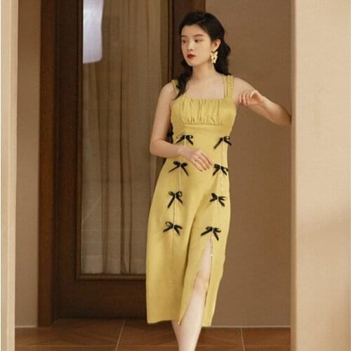 French Gentle and Elegant Sling Dresses For Women 2021 Summer Black Bow Chain Chic Vintage Bodycon Dress