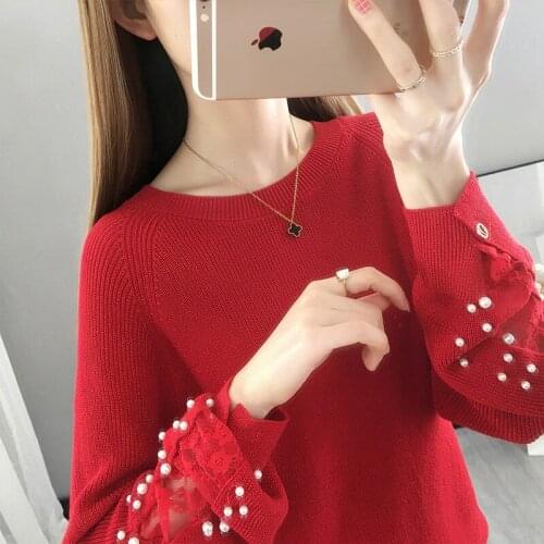 19832 (3 rooms plus frame 3 lower) real shot Round Neck Lace stitched pearl sleeve T-shirt 47