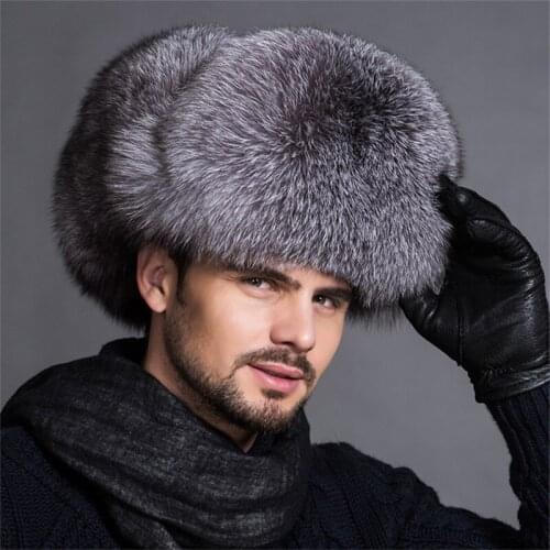 2019 Fashion Russian Leather Bomber Leather Hat Mens Winter Hat Earmuffs Catcher Ear Cap Raccoon Fur Black Fox Hat