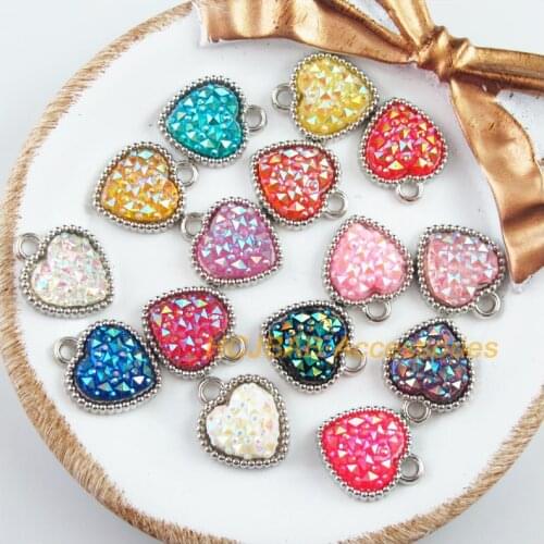 30New Heart Charms Dull Silver Plated Retro Mixed Acrylic Resin Pendants 15.5x18.5mm