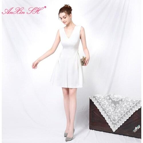 AnXin SH celebrity party white satin short evening dress princess v neck red zipper evening dress little black dress18163