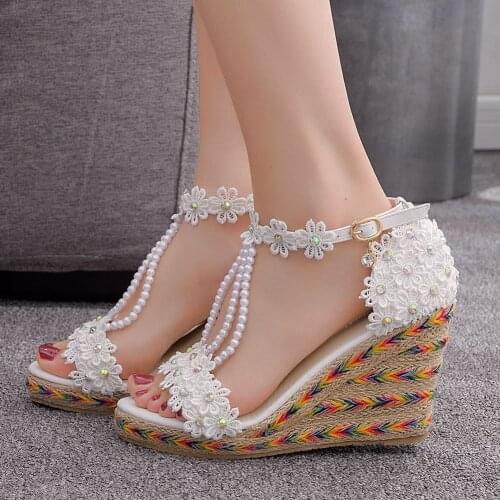 Fashion Women Wedge Sandals White Lace Flowers Tassel Bridal Fine High Heels Open Toe Summer Shoes Bridal Wedding Shoes Large