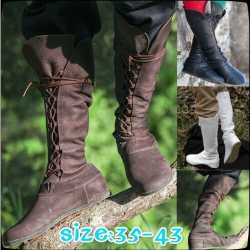 Medieval Retro Women Princess Men Prince Knight Cosplay Leather Short Ankle Boots Gothic Carnival Party High Tube Bandage Shoes