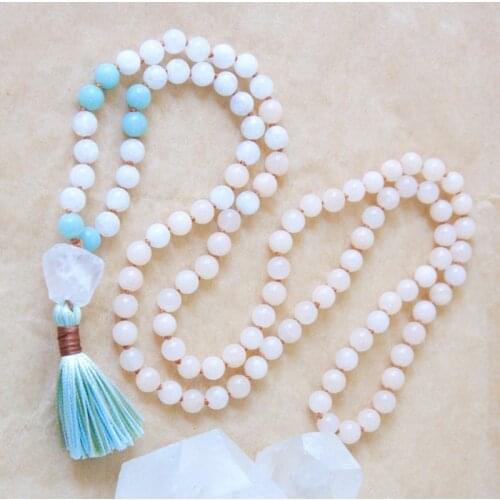 Buddhist Beads Tassel Necklaces Spiritual Jewelry Knotted Mala Beads 108 Necklace Raw Q-uartz Mala Necklace For Women Girl Gift