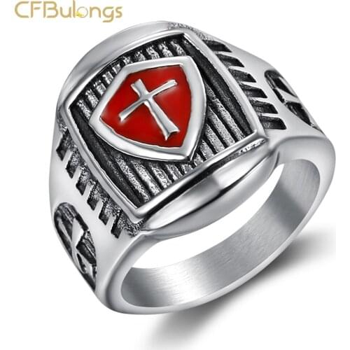 CFBulongs Retro Stainless Steel Titanium Red Templar Cross Seal Mens Ring Punk Rock Men Jewelry Christmas Gift