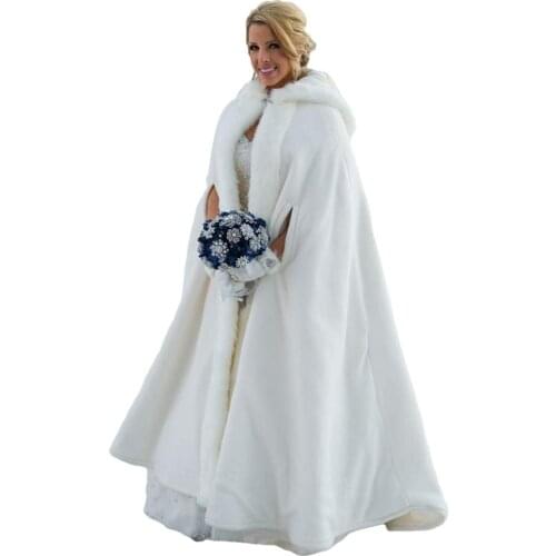 Long bridal shawl wedding Bolero jacket bridal jacket hooded faux fur winter warmth, with cuffs sleeveless set off ivory white e