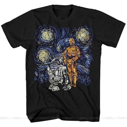 Starry Night R2 C 3PO R2D2 Van Gogh Adult Mens Graphic Tee Apparel T Shirt Casual Pride Breathable T-Shirt Men Unisex Fashion