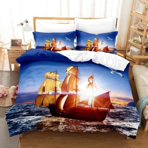 Custom Digital HD Steamship Boat Blue Sea Printed Luxury Bedding Set King Size Duvet Cover Sets 2/3pcs Bed Linen Home Textile