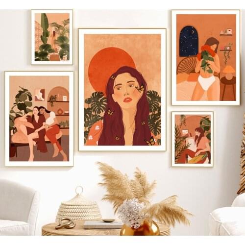 Beauty Girl Monstera Nude Bath Moon Wall Art Canvas Painting Nordic Posters And Prints Wall Pictures For Living Room Boho Decor