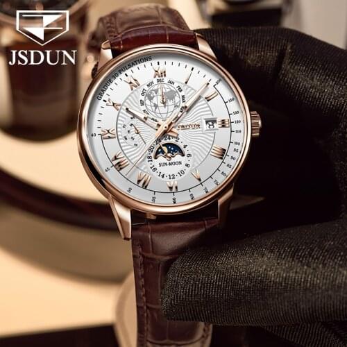 JSDUN Mens Mechanical Watch Luxury Automatic Watch Leather Multi-function Waterproof Sports Moon Phase Watch Montre homme 8909
