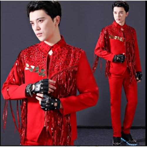 Blazer men suits red Sequin personality jacket mens stage singers clothes korean star style dress punk England tassel clothing