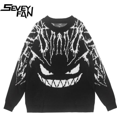 SEVEYFAN Mens Cartoon Ghost Sweater Hip Hop Oversize Knitwear Streetwear Black Autumn Pullover Sweaters for Couples