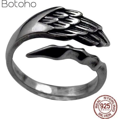 925 Sterling Silver Angel Wings Open Ring for Men Women Vintage Thai Silver Adjustable Fying Wings Feather Ring Fashion Jewelry