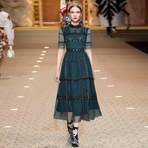 Runway Top Quality Half Sleeve Gauze Embroidery Long Dess 201223z01