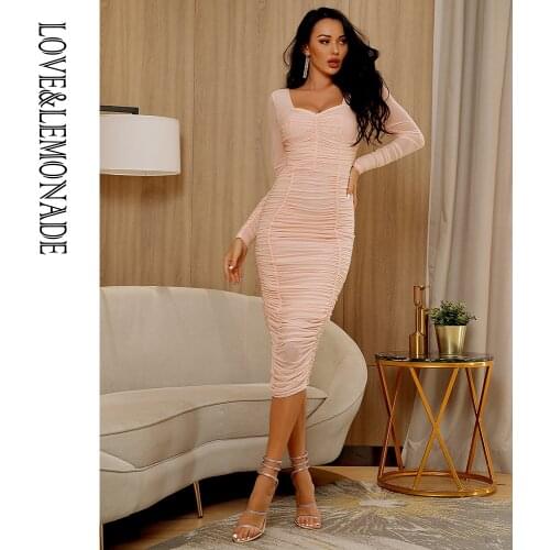 LOVE&LEMONADE Pink Square Collar Elastic Mesh Slim Long Sleeve Over-The-Knee Party Dress (With Lining) LM81941