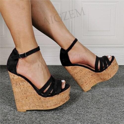 DOBANER Women Platform Wedges Sandals Faux Suede Pumps Height Increase Cork Print Shoes Woman Fauen Sandals Size 43 45 47 50 52
