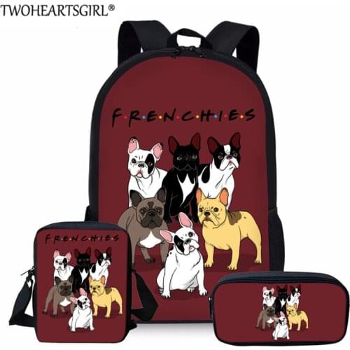 Twoheartsgirl 3D French Bulldog Printed Kids Student Book Bags Teenager Boys Girls Schoolbags Red/Gray/Pink Backpack 3in1