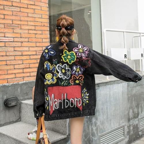 Spring Beaded hand-painted graffiti flower denim clothes female personality trendy brand cardigan lapel long-sleeved jacket Y770