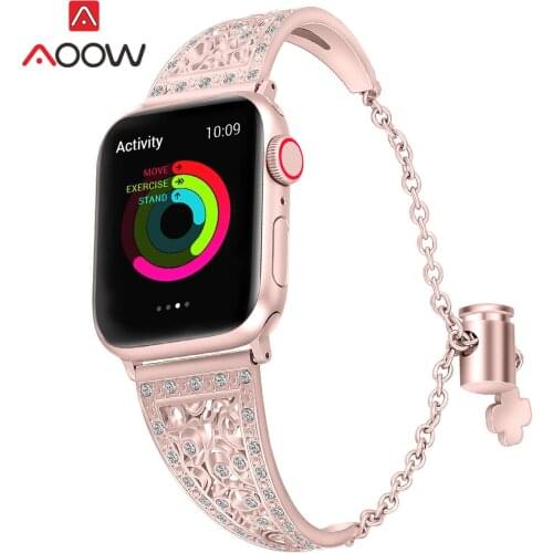 Jewelry Diamond Watchband for Apple Watch 4 5 38mm 42mm 40mm 44mm Women Ladies Rose Pink Bracelet Band Strap for iWatch 1 2 3
