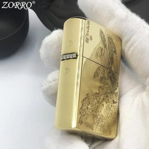 Pure Copper ZORRO Kerosene Lighter Fine Carving Eagle Pattern Gasoline Oil Lighter Smoking Tool With Gift Box