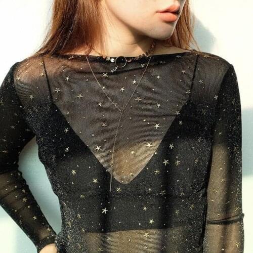 Femininas Blusas 2019 Women Blouses Spring Autumn Fashion Sexy Slim Shirt Tops Lace Long Sleeve Star Sequined Leisure Black