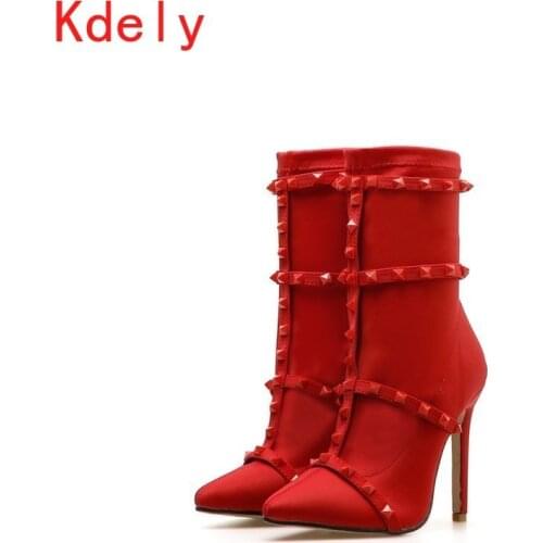 2020 Fashion Luxury Women 11.5cm High Heels Fetish Rivets Silk Sock Boots Stiletto Ankle Boots Scarpins Studded Red Spring Shoes