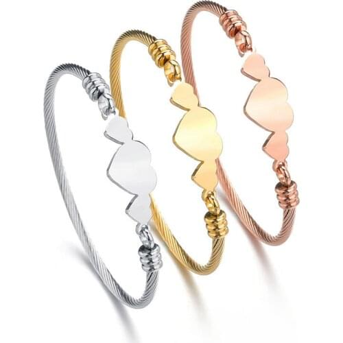 Fashion Rose Gold Silver Color Stainless Steel Bracelet for Women Twisted Cable Wire 3 Heart Charm Bracelet Bangle Jewelry