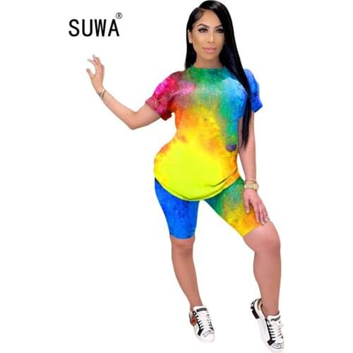 Women Sport Tracksuit Two Piece Set Summer Print Short Sleeve Crop Top T Shirt Pants Suit Jogging Outfit Club Matching Set