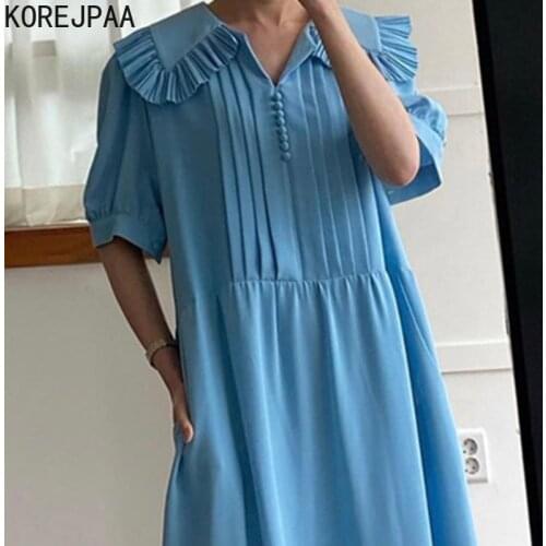Korejpaa Women Dress 2021 Korean Chic French Temperament Doll Collar Fold Design Stitched Loose Short-sleeved Pleated Vestido