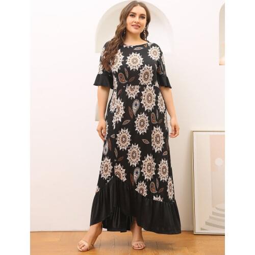 5XL Plus Size Women Dresses Summer 2021 Short Sleeve Retro Printing Vintage Dress Black Big Size Maxi Ruffles Dresses