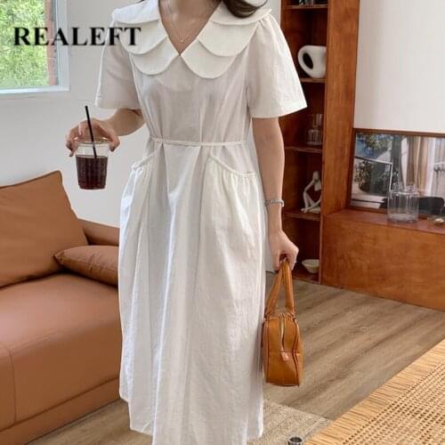 REALEFT Short Sleeve Casual Dresses Summer Elegant Solid Color Peter Pan Collar Lace Up Pockets Decoration Womens A-line Dress