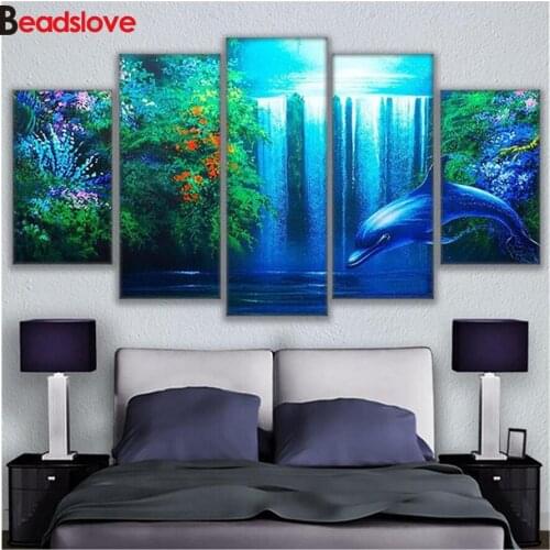Embroidery diamond 5 Pcs Dolphin Waterfall 5d diamond painting sale full diamond mosaic picture of rhinestones cross-stitch art
