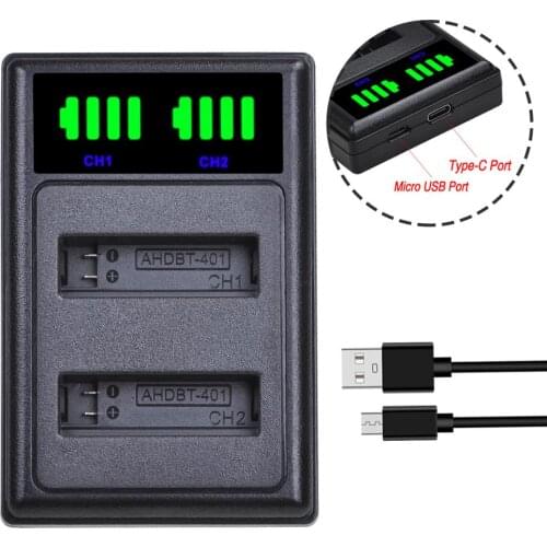 Batmax AHDBT-401New LED USB Dual Battery Charger with Type C Port for GoPro 4 HD Hero 4 Sports Action Camera